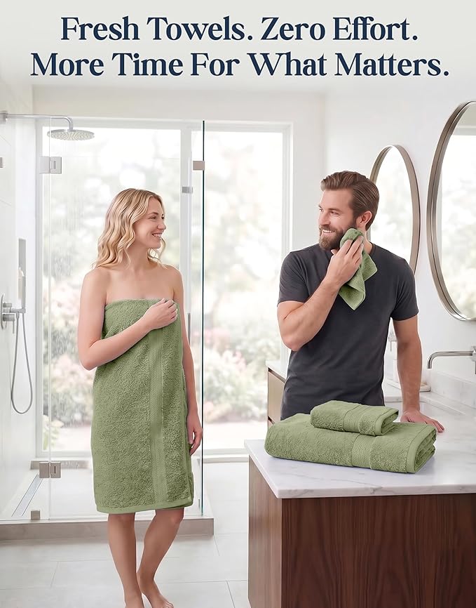 LANE LINEN Luxury Cotton Bath Towel Pack of 6 - Softer, Highly Absorbent & Durable - 2 Bath, 2 Wash cloths, 2 Hand Towels for Bathroom - Premium Look, Spa Quality, Solid Dyed Towels - Oil Green
