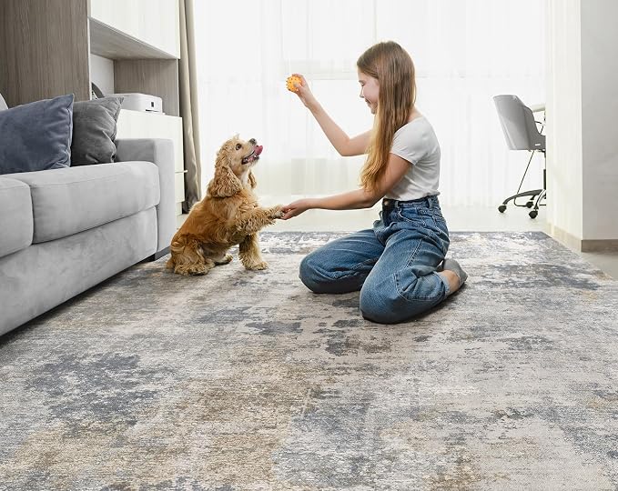 UERMEI 9x12 Area Rug Living Room Rugs - Washable Neutral Modern Abstract Soft Thin Large Rug Indoor Floor No Slip Rug Carpet for Bedroom Under Dining Table Home Office Decor - Blue Grey
