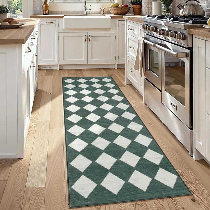 Lahome Zelie Checkered Washable 2x6 Green Runners for Hallways Non Slip, Ultra-Thin Kitchen Bathroom Runner Rugs, Moroccan Trellis Throw Carpet Runner for Bedroom Entryway Decor (2'x6',Dark Green)