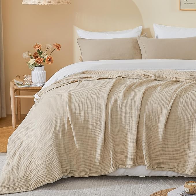 EMME Cotton Muslin Twin Blanket Breathable Gauze Soft Lightweight Blankets Adults Gifts for Women (Heather Beige, 60"x80")