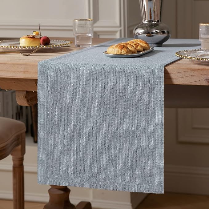 ZeeMart Burlap Style Farmhouse Table Runners 108 Inches Long, Dusty Blue Rustic Woven Dining Table Runner for Everyday Use, 14x108 Inches, Light Dusty Blue