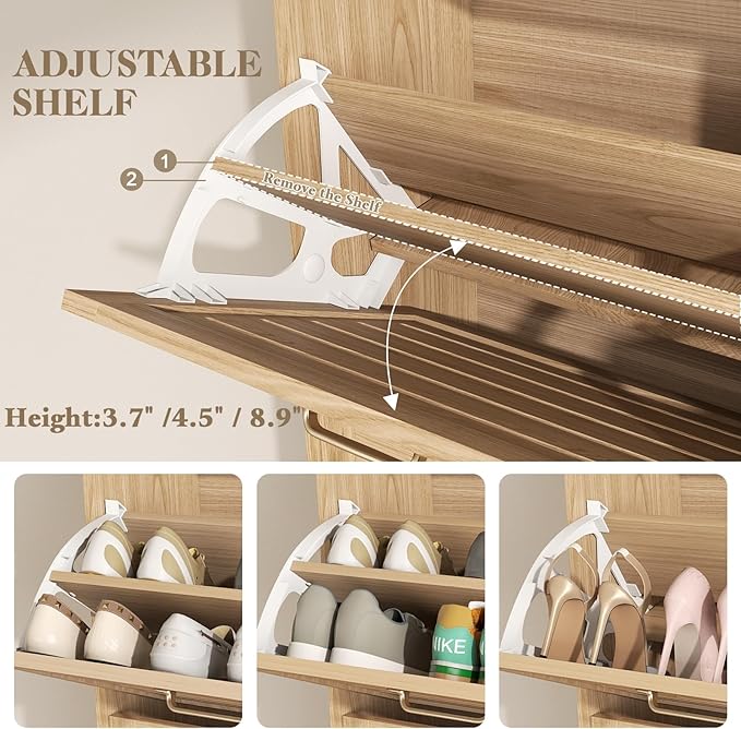 Narrow Shoe Cabinet Storage for Entryway, Hidden Shoe Rack Cabinet with Doors, 3 Flip Drawers & Adjustable Shelves, Thin Freestanding Boot Storage Closet Organizer, Ventilated Wood Design, Natural Oak