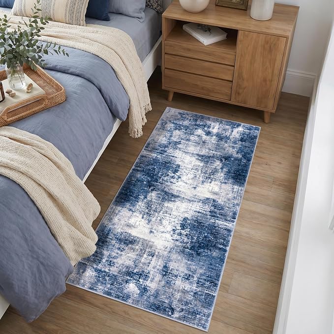 IOHOUZE Abstract Runner Rug 2x4 Ft Entryway Rugs Washable Door Mat Indoor Entrance, Rubber Backed Entryway Runners, Printed Faux Wool Non Slip Floor Carpet for Foyer Front Door Sink, Navy/Grey