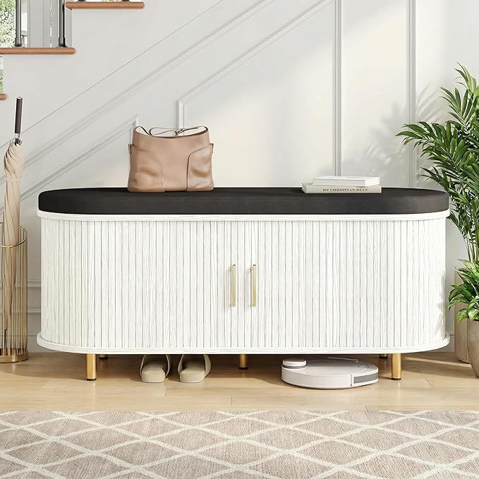 Entryway Bench with Storage: 43.31" Wooden Bedroom Shoe Bench with Thickened Padded Seat Cushion, Mid Century Modern Fluted Sliding Door and Adjustable Shelf, for Entryway, Living Room