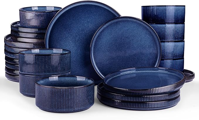 Famiware Star 24-Piece Plates and Bowls Set with Trim, Service for 8 - Stoneware Reactive Glaze Dinnerware, High Edge Ribbed Dishes, Chip & Scratch Resistant, Microwave & Dishwasher Safe, Nebulas Blue