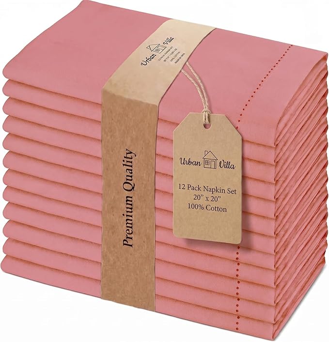 Urban Villa Cloth Napkins 100% Cotton Highly Absorbent Washable Reusable Premium Dinner Napkins Ideal for Gifts for Mothers Day Hotel Farmhouse Parties - Rust - Hemstitch (20" x 20", Set of 12)