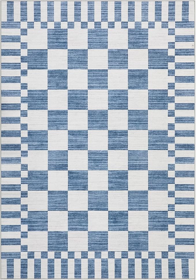 GarveeHome Dark Blue Checkered Rug,Washable 3x5 Rug Non Slip for Entryway,Modern Soft Low-Pile,Neutral Farmhouse Geometric Checkerboard Rug,Small Area Rugs for Bedroom Kitchen Dining Room