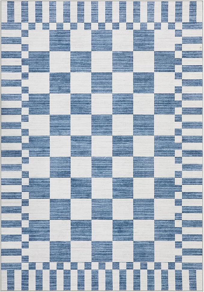 GarveeHome Dark Blue Checkered Rug 5×7 Area Rugs for Living Room，Non-Slip Washable Rug Soft Low-Pile, Neutral Modern Farmhouse Geometric Rugs for Bedroom Dining Room Office