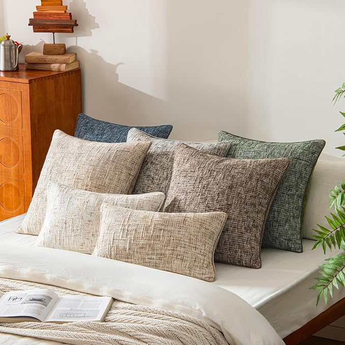 a moment Khaki Reversible Pillow Covers 2 Pack - Farmhouse Chenille Velvet Throw Pillows, Neutral Textured Decorative Throw Pillow Covers with Border for Couch Sofa Bed (22x22 Inch, No Insert)