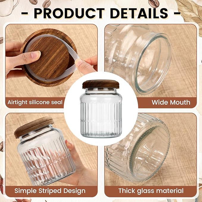 6 Pcs 1000ml/34 oz Vintage Glass Jars with Wooden Lids Ribbed Decorative Glass Storage Canisters Airtight Large Food Container Jars for Kitchen Pantry Coffee Spice Grains Tea Sugar(Ribbed)