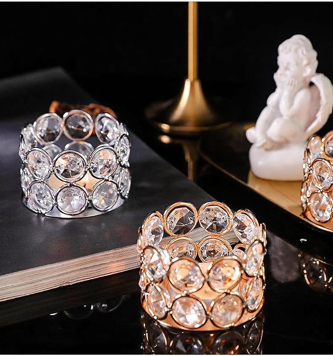 Crystal Tea Light Candle Holders，Gold Candlestick Holders for Home Decor Wedding Party Table Decoration Housewarming Gift (6 pcs)