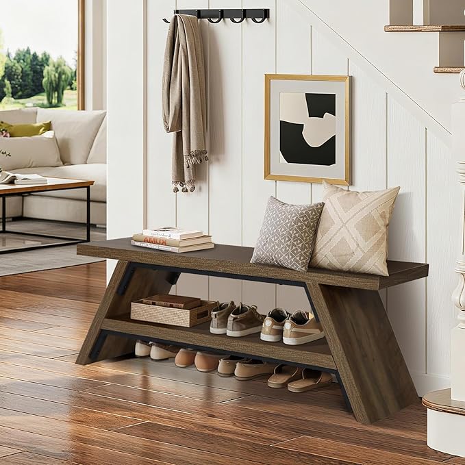 2-Tier Shoe Bench,Entryway Shoe Storage Bench,Modern Narrow Bench for Entryway, Kitchen, Bedroom, Dining（Brown）