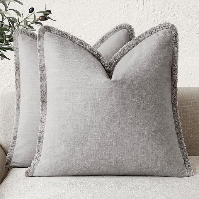 Foindtower Set of 2 Decorative Linen Fringe Throw Pillow Covers Cozy Farmhouse Cushion Cover with Tassels Accent Pillowcase for Couch Chair Sofa Bed Living Room Home Decor,20×20 Inch,Light Rustic Gray