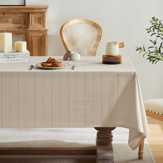 ZeeMart Linen Checked Table Cloth 60x60 Inches, Farmhouse Style Plaid Embroidered Water Resistant Square Table Cover, Beige