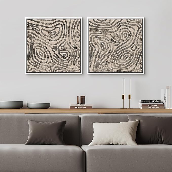 SIGNFORD Framed Canvas Print Wall Art Set Organic Swirl Pattern Duo Modern Black and Gray Abstract Illustrations Modern Art Minimal Relax/Calm for Living Room, Bedroom, Office - 16"x16"x2 White