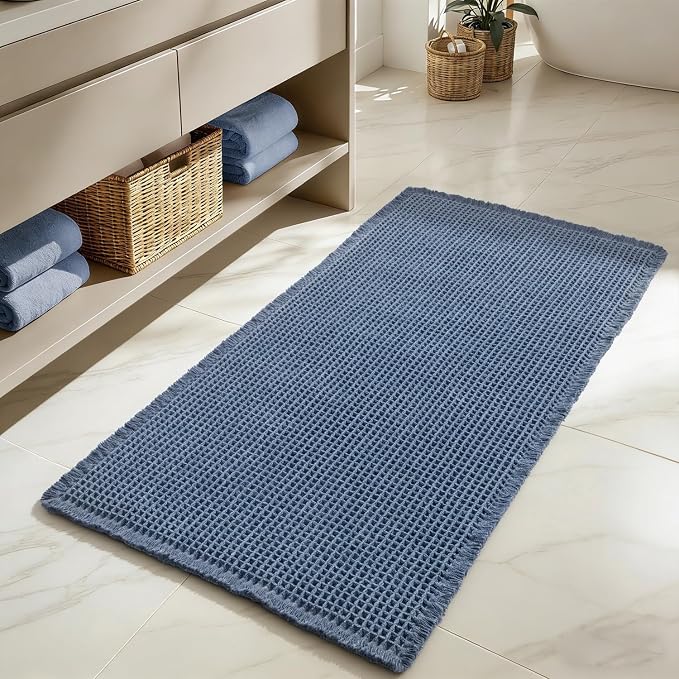 MIULEE Waffle Bathroom Runner Rugs, Super Absorbent Non Slip Bath Rug, Upgraded Soft Quick Dry Washable Boho Long Bath Mat with Tassels for Hallway Laundry Room Bedroom, 2'x4' (24"x48"), Blue
