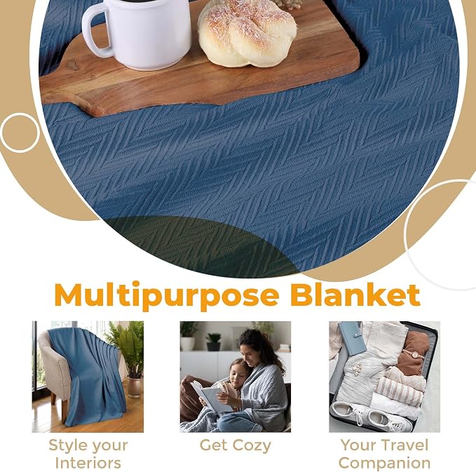 Superior Metro All-Season Cotton Blanket, Woven Blanket for Couch, Bed, Bedding, Farmhouse, Home Essentials, Cute and Cozy Bohemian Blankets, Herringbone Weave, California King, Denim Blue