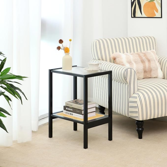 2-Tier Bamboo Side Table, Modern Glasstop Rattan Side Table, Mid Century Wood Sofa-Side End Tables for Living Room, Bedroom Night Stand with Storage, Small Narrow Coffee Tables, Black