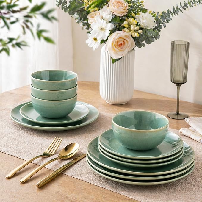 GBHOME Ceramic Dinnerware Sets for 6, 18 Pieces Stoneware Plates and Bowls Sets, Reactive Glaze Dishes -Scratch Resistant, Dishwasher&Microwave Safe-Malachite Green