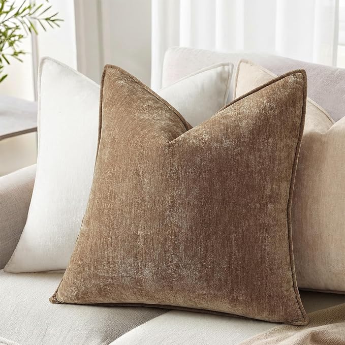 decorUhome Summer Couch Throw Pillow Covers 20x20 Set of 2, Decorative Soft Velvet Modern Cozy Chenille Pillow Cases with Elegant Design for Sofa Bed Living Room Home Decor, Brown