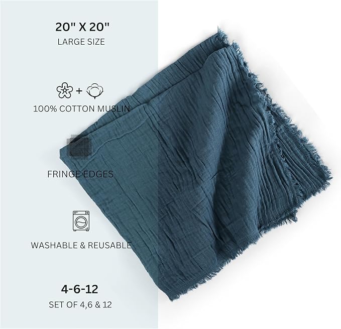 FINGERCRAFT Cloth Napkins Natural Cotton Cheesecloth Set of 12 Premium Fringe Design Dinner Napkin Soft Durable Ideal for Dining Room, Restaurant, Weddings Events Washable Good Absorbency Stellar