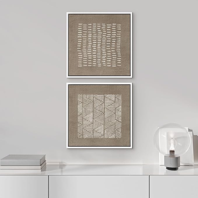 SIGNFORD Framed Canvas Print Wall Art Set Minimalist Line Patterns on Textured Background Modern Art Nordic Relax/Calm for Living Room, Bedroom, Office - 24"x24"x2 White