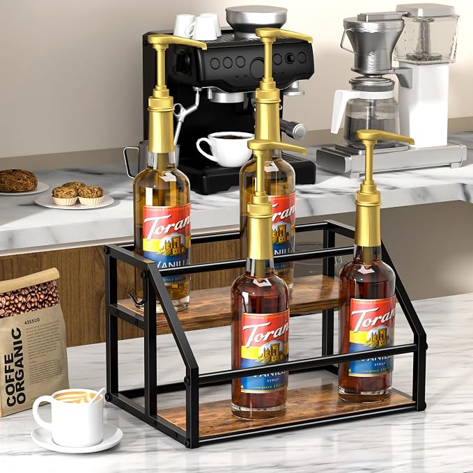 Coffee Syrup Rack Organizer, Syrup Bottle Holder Stand for Coffee Bar, 2-Tier 8 Bottles Storage Shelves for Syrup, Wine, Dressing for Kitchen Countertop, Rustic Brown & Black