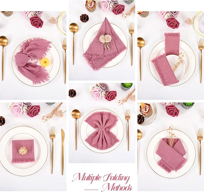 36 Pack Dusty Rose Handmade Cloth Napkins 16 x 16 Inch Cotton Linen Napkins with Fringe, Washable and Reusable Napkins, Soft Rustic Boho Fringe Cloth Napkins for Dinners,Parties, Wedding