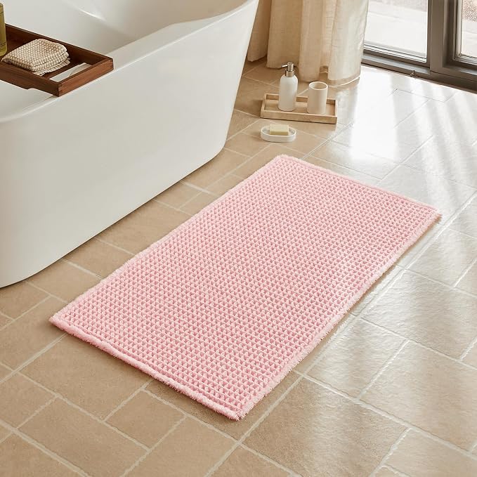 Triohero Waffle Bath Mat, Boho Bathroom Rugs Non Slip Washable, Ultra Soft Super Absorbent Quick Dry Farmhouse Bathroom Decor, 24" x 48", Light Peachy Pink