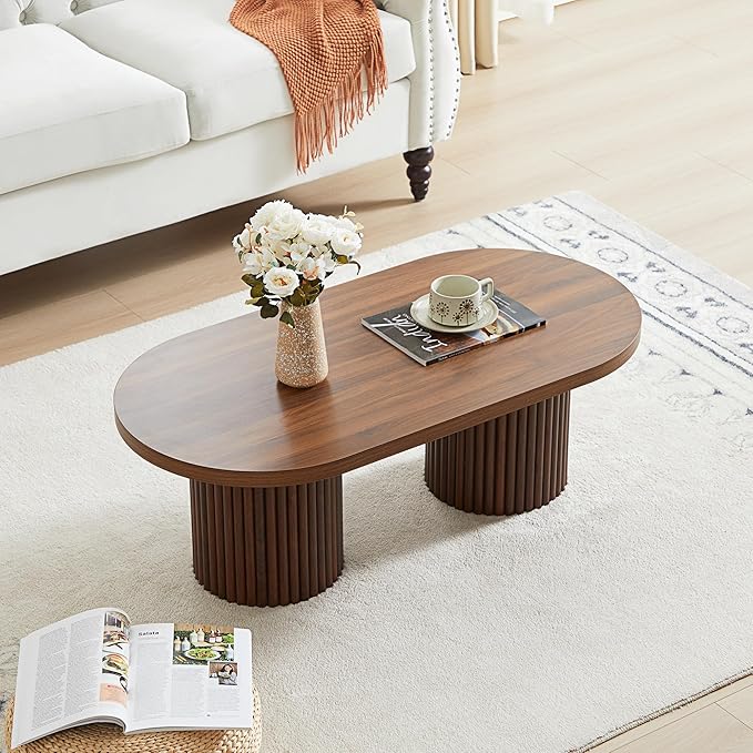 AVZEAR Oval Fluted Coffee Table for Living Room, Mid Century Modern Coffee Table with Fluted Legs, Curved Round Wooden Center Table for Home, Office, Cafe, Vintage Walnut (39.38" x 19.69" x 13.78")