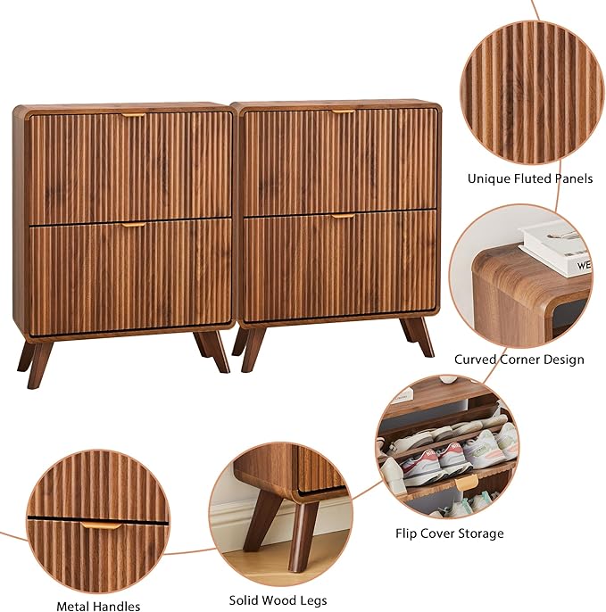 RARZOE Set of 2 Fluted Shoe Storage Cabinets for Entryway, Narrow Curved Shoe Cabinet with 2 Flip Drawers, Freestanding Wood Hidden Shoe Organizer Closed Shoe Rack Cabinet for Foyer,Hallway (Walnut)