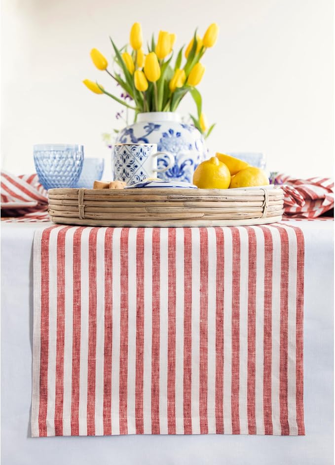 Solino Home Striped Linen Table Runner 90 Inches Long - Amalfi Stripe 100% Pure Linen Red and White Dining Table Runner 14 x 90 Inch for Summer, 4th of July