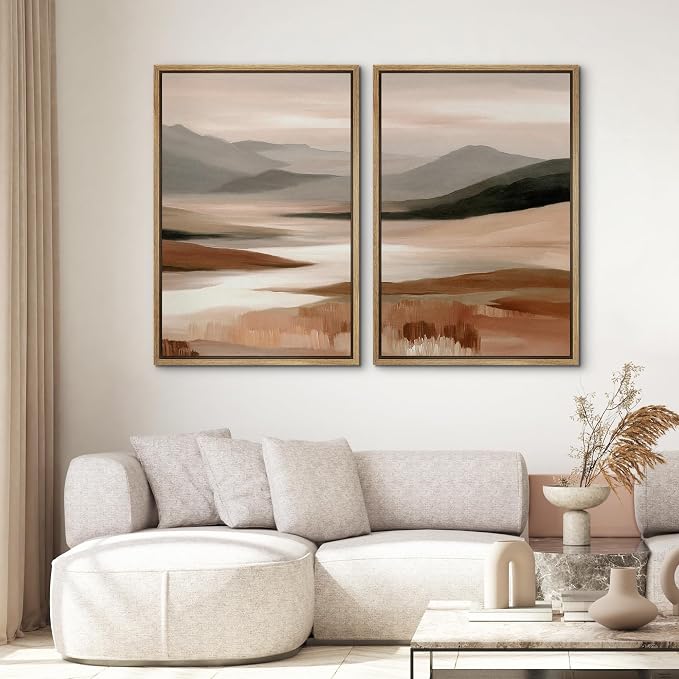 SIGNWIN Framed Canvas Print Wall Art Set Warm Earth Tone Abstract Valley Landscape Illustrations Modern Art Minimal Boho Relax/Calm for Living Room, Bedroom, Office - 24"x36"x2 Natural