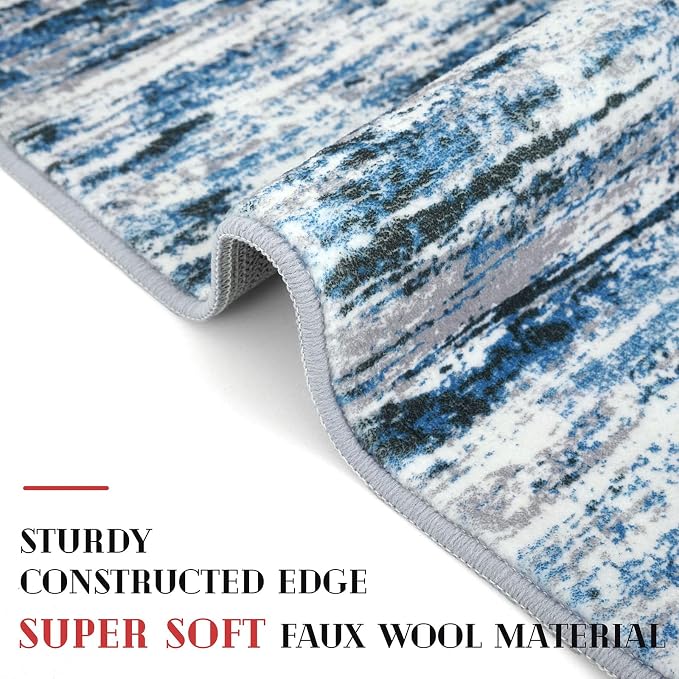 Lansny Modern Abstract 5x7 Area Rug, Washable Rugs for Living Room, Non-Slip Dining Room Rug, Soft Thin Printed Faux Wool Floor Carpet for Bedroom Nursery Playroom Office, Grey Blue White