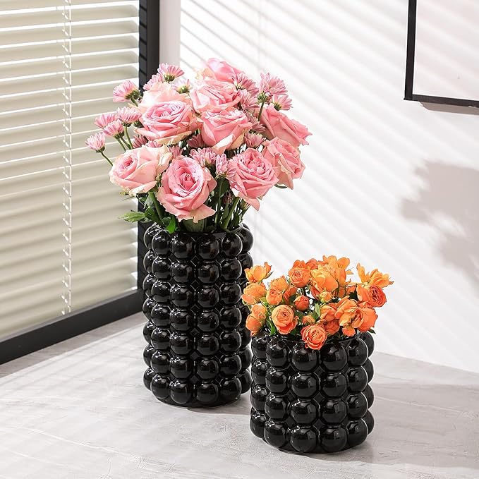 Black Bubble Vases, Black Ceramic Vases Set of 2, Boho Flower Vase for Pampas Grass, Decorative Vase for Dining Table, Wedding, Fireplace Mantel, Office, Wedding