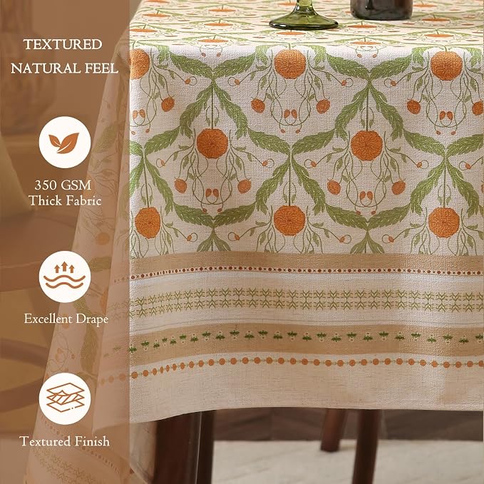 Block Print Thick Linen Tablecloth for Rectangle Tables, Waterproof Wipeable Decorative Table Cover for Dining Kitchen Indoor Outdoor, 55" x 71", 4-6 Seats