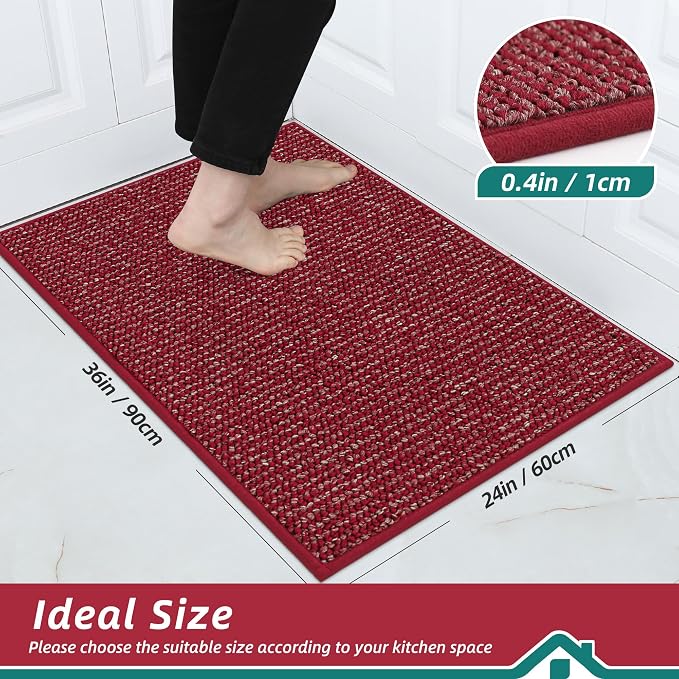 BEQHAUSE Kitchen Rugs 24"x36", Non-Slip Kitchen Mats for Floor, Super Absorbent and Stain Resistant Kitchen Rugs, Machine Washable Rugs for Kitchen, Hallway, Laundry & Sink, Red