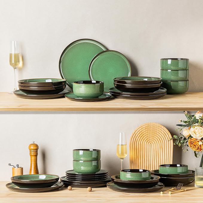 LeRatio Ceramic Dinnerware Sets for 6,Porcelain Plates and Bowls Sets,Handmade Reactive Glaze Dishes Set,Chip Resistant and Scratch Resistant | Oven&Dishwasher & Microwave Safe-Green(18PCS)
