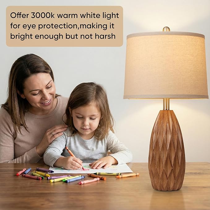 Wood Grain Color Resin Table Lamp, Modern Table Lamp for Living Room, Bedside Lamp Set of 2, Bedroom Lamp for Nightstand with Linen Shade, Diamond-Shaped Lamp Body,Desk Lamp for House (Bulbs Included)