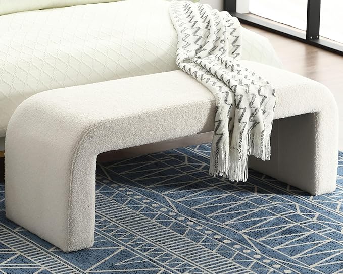 VESCASA 49.5" W Sherpa Benches for Hallway, Upholstered Boucle End of Bed Benches Ottomans for Entryway, Bedroom, White, Set of 2
