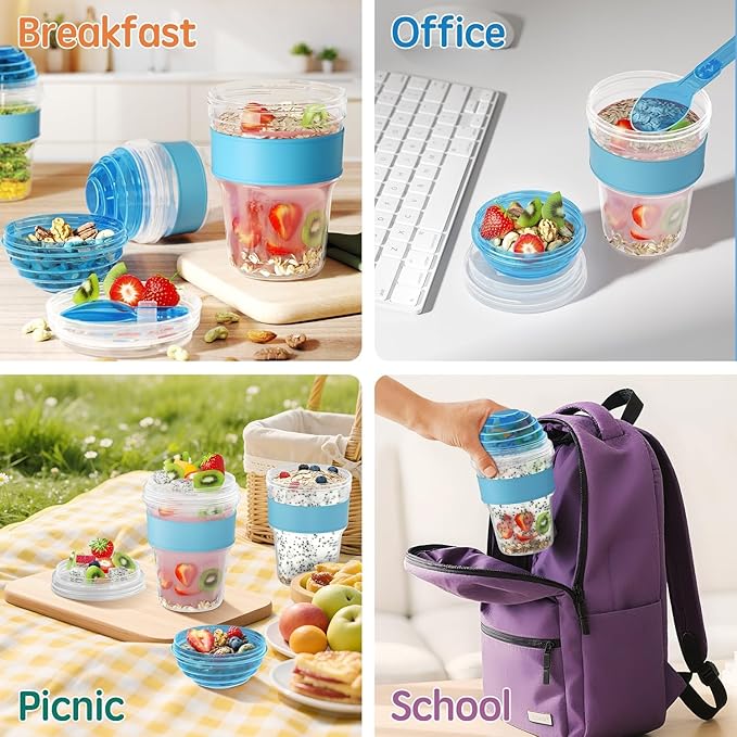 4 Pack Yogurt Parfait Cups with Lids Reusable, 20 oz Plastic Overnight Oats Containers To Go with Granola Compartment and Lids Spoon, Cereal Containers for Oatmeal, Snack, Breakfast Prep (Blue)