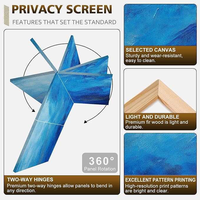 2 Ft Room Divider Screen Textured Blue Portable Short Canvas Folding Screen 3 Panel Freestanding Separator Privacy Partition Indoor Home Office