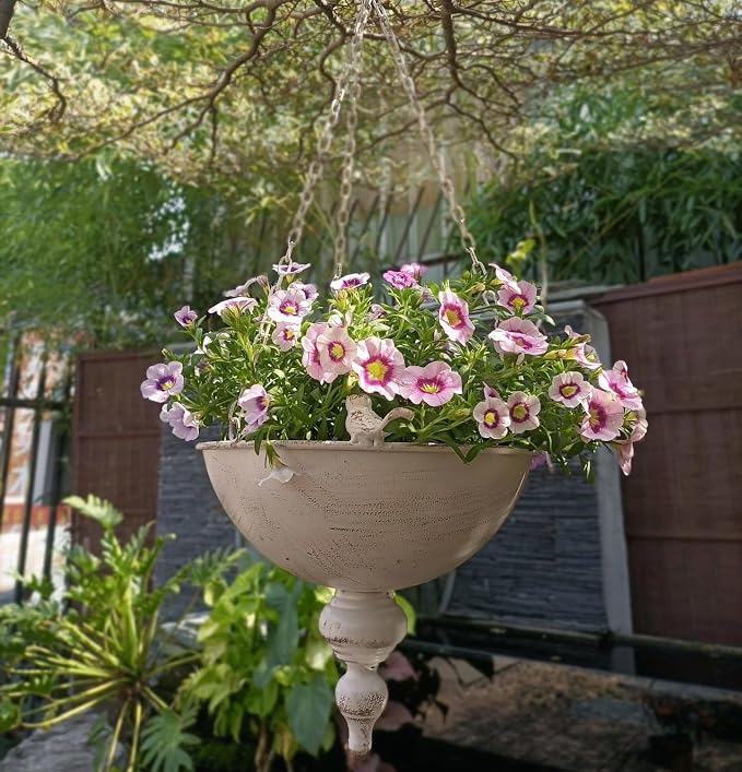 Vintage Metal Hanging Basket Planter with Bird Ornament,10 Inch Large Hanging Planter for Indoor Outdoor Home Garden Decor (White)