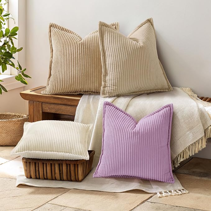 decorUhome Summer Corduroy Lilac Euro Sham Throw Pillow Covers 26x26 Set of 2 Decorative Soft Boho Farmhouse Couch Pillow Covers for Living Room Bed Sofa Broadside Striped Pillow Cases
