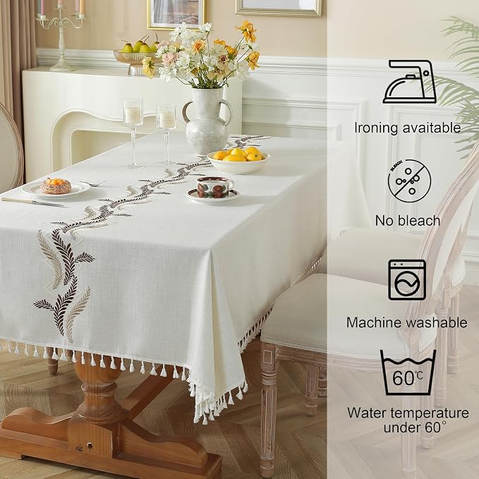 JIALE Tablecloths for Rectangle Tables, Cotton Linen Table Cloth Waterproof Tablecloth Wrinkle Free Farmhouse Dining Tables Cover, Soft Fabric Table Cloths with Tassels, Beige, 55" X 70", 4-6 Seats