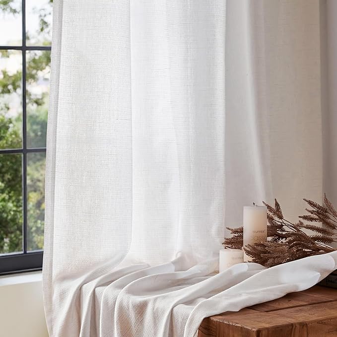 jinchan White Semi Sheer Linen Curtains 90 Inch Length 2 Panels Set Grommet Light Filtering Living Room Curtain Panles Home Office Minimalist Decor Farmhouse Boho Burlap Textured Curtains 50 Inch Wide