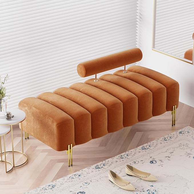 Modern Bed Bench with Adjustable Back, 52.2" Channel Tufted Velvet Ottoman for Bedroom, Living Room, Entryway, Orange