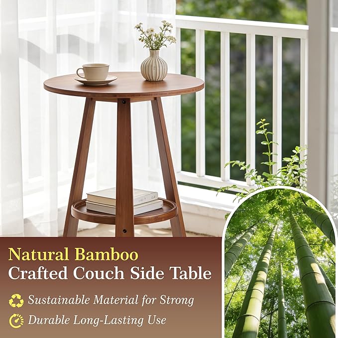 Bamboo Round End Table with Storage Shelf, 2-Tier Mid-Century Modern Accent Table, Small Space Side Table Nightstand for Living Room Bedroom Sofa