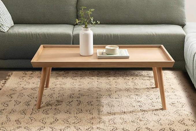 Kate and Laurel Eastmont Rectangle Wood Coffee Table; 46 x 22 x 17; Light Natural; Large Mid-Century Wooden Living Room Table with Stylish Tapered Legs and Adjustable Feet