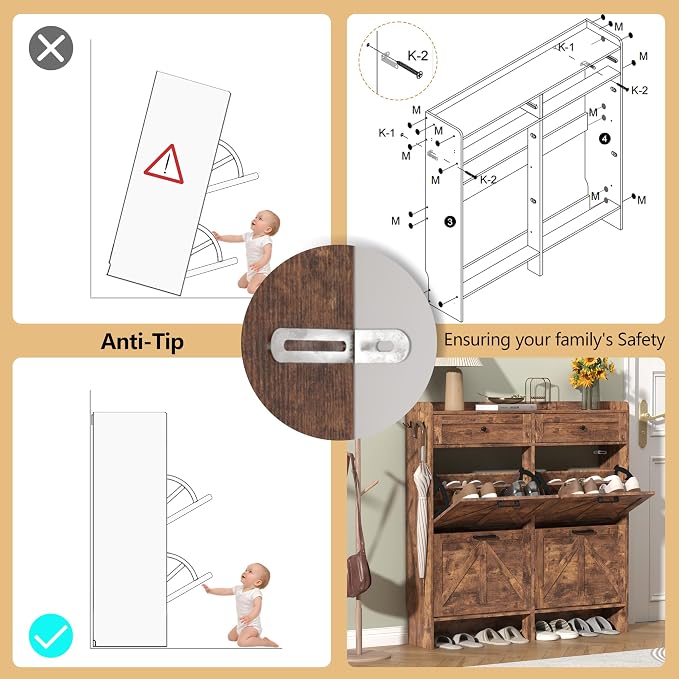 Thacuok Shoe Cabinet with 4 Flip Drawers & 2 Storage Drawers, Rustic Farmhouse Narrow Shoe Organizer Cabinet, Slim Shoe Rack Cabinet, Shoe Storage Cabinet for Entryway, Hallway, Front Door
